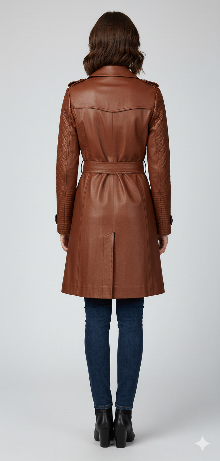 Close-up of the intricate diamond quilting and large contrast buttons on a premium women's cognac coat.