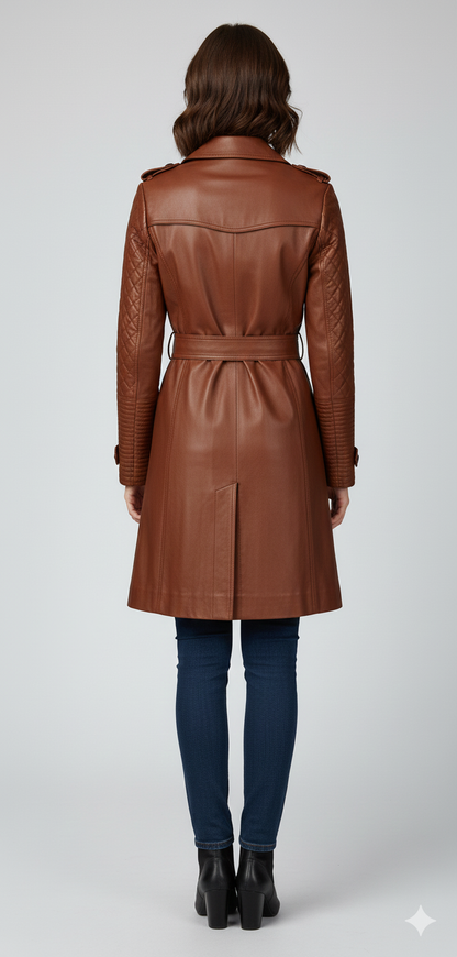 Close-up of the intricate diamond quilting and large contrast buttons on a premium women's cognac coat.