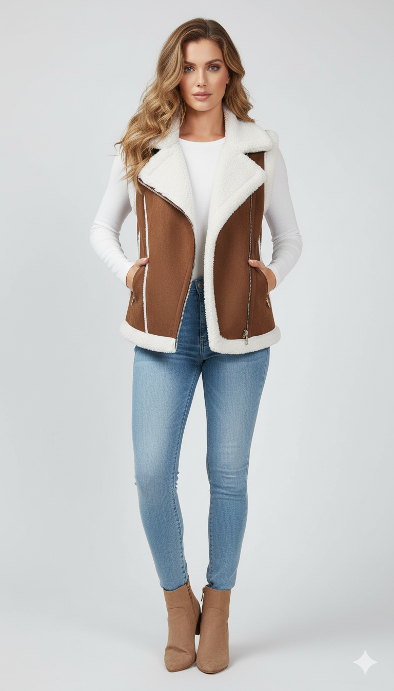 Full-length photo of a woman wearing a sherpa-trimmed brown suede vest over a white long-sleeve shirt and light wash skinny jeans.