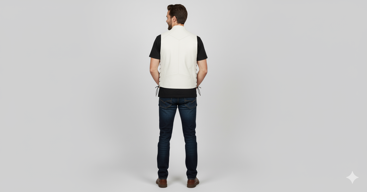 Modern motorcycle vest made from off-white leather with a minimalist zipper front.