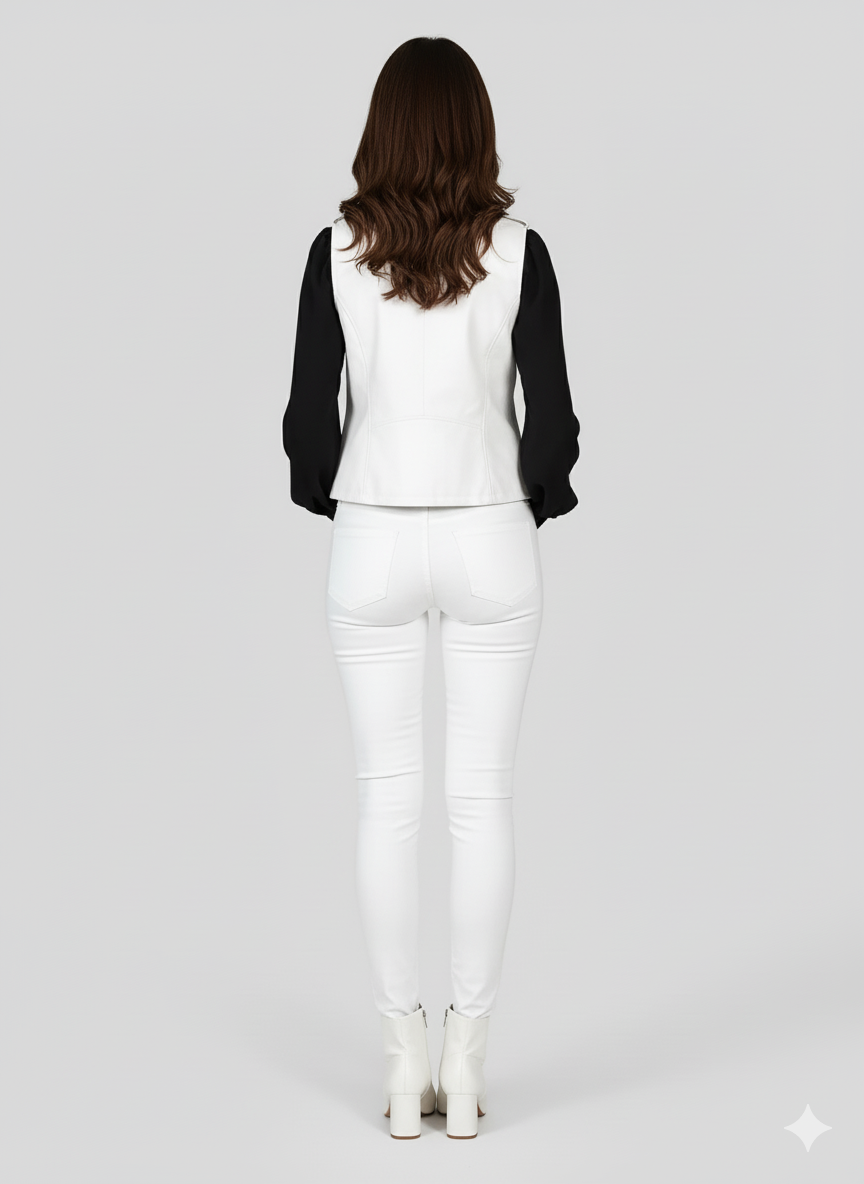 Sleeveless white leather jacket-style vest with a diagonal zip and pointed collar, paired with white ankle boots.