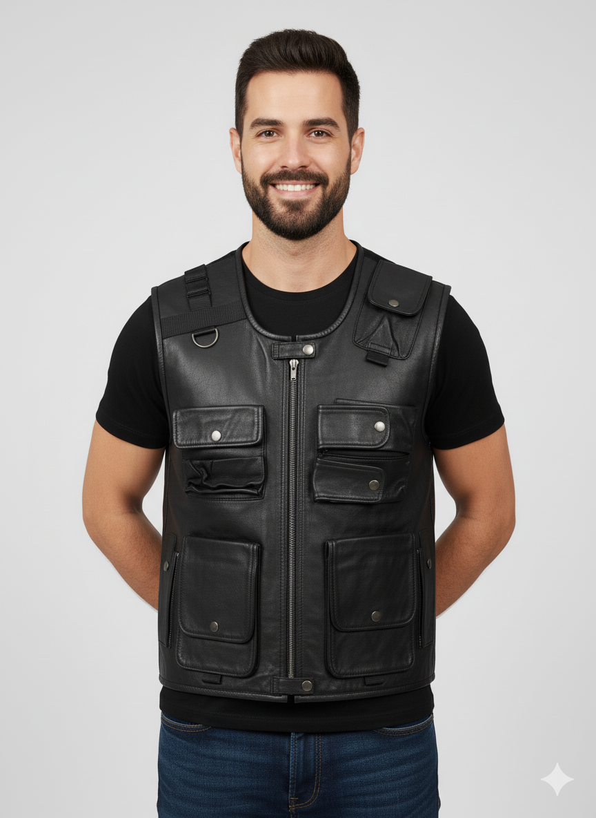 Close-up of a black leather vest showing the snap button placket, panel stitching, and adjustable side lacing.