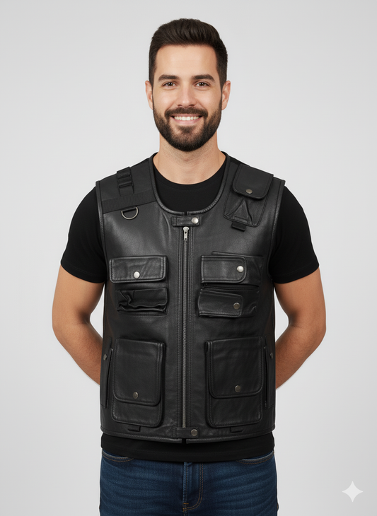 Close-up of a black leather vest showing the snap button placket, panel stitching, and adjustable side lacing.