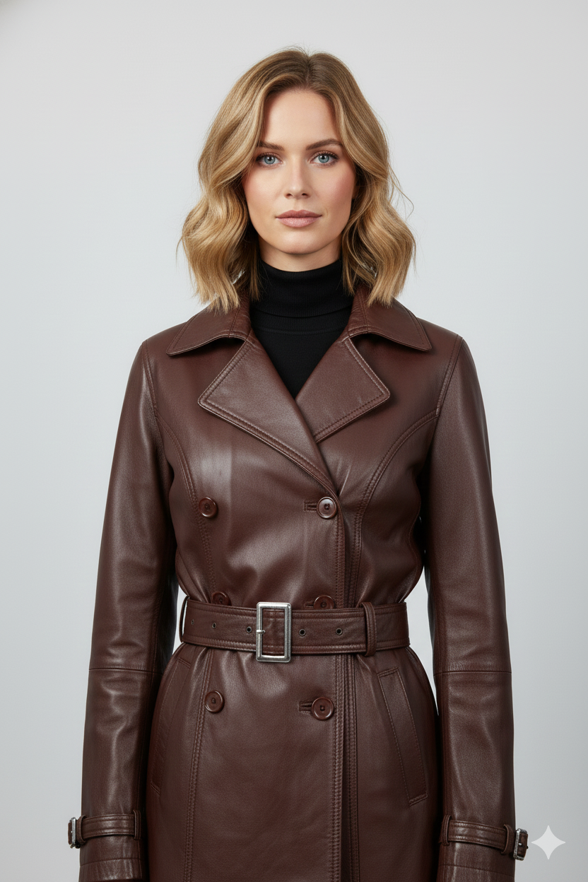 Hip-length mahogany leather coat for women featuring tonal buttons, notched lapels, and buckled cuff straps.