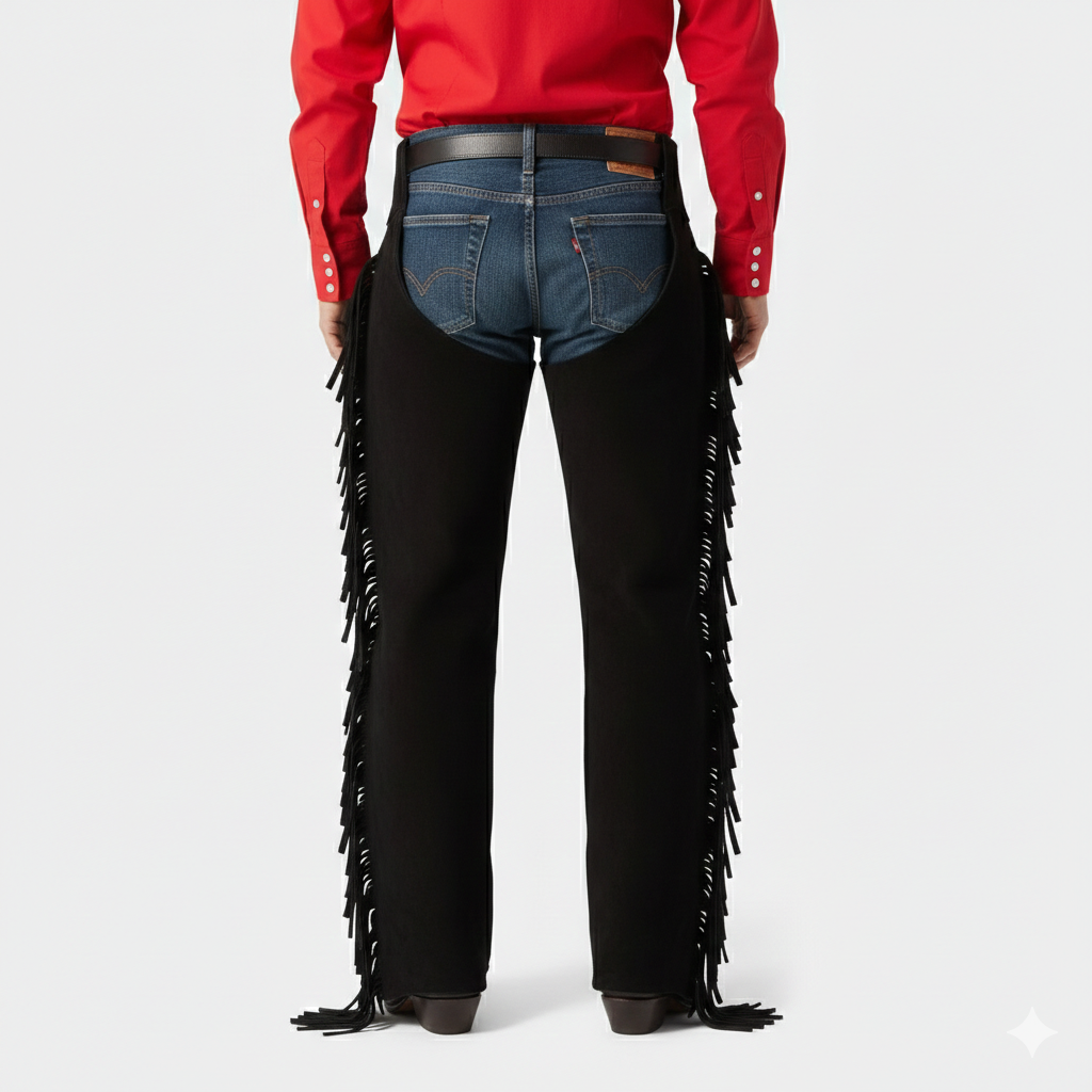 Male model wearing black suede fringe chaps