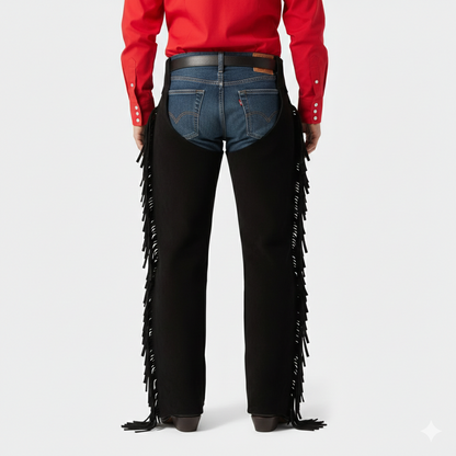 Male model wearing black suede fringe chaps