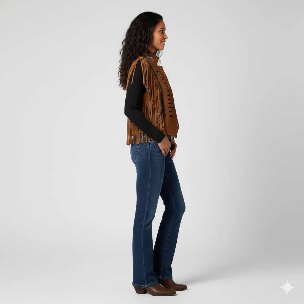 Boho brown vest with extensive suede fringe and intricate blue embroidery detail on the chest.