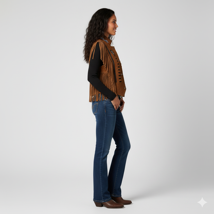 Boho brown vest with extensive suede fringe and intricate blue embroidery detail on the chest.