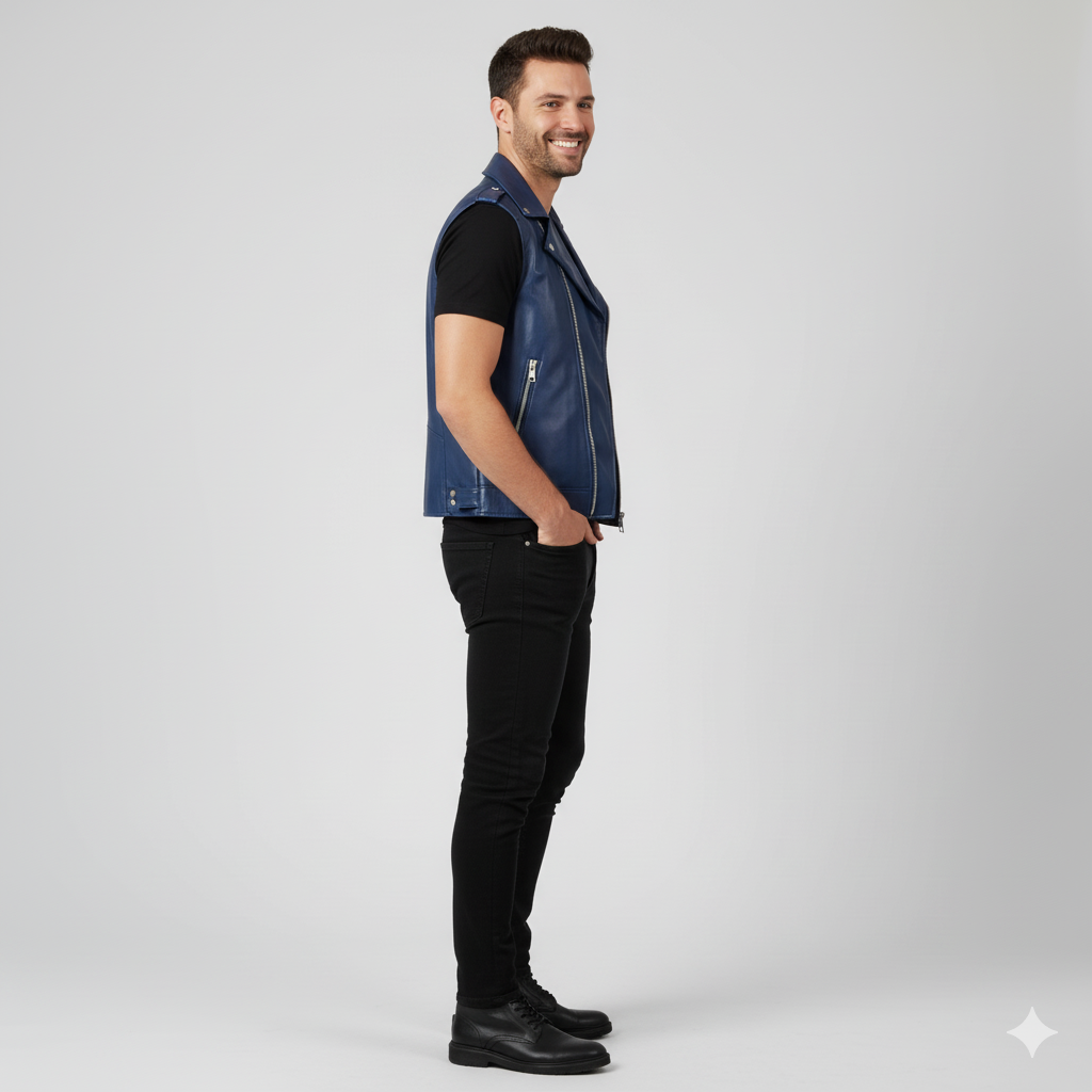 Vibrant blue moto vest with multiple zippered pockets and studded lapel details.