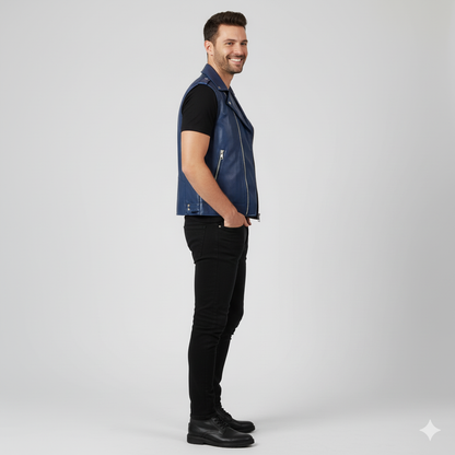 Vibrant blue moto vest with multiple zippered pockets and studded lapel details.