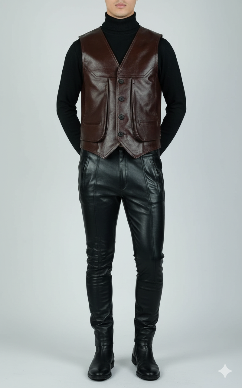 Close-up of the smooth, rich dark brown leather texture and the front button detailing of the men's waistcoat.