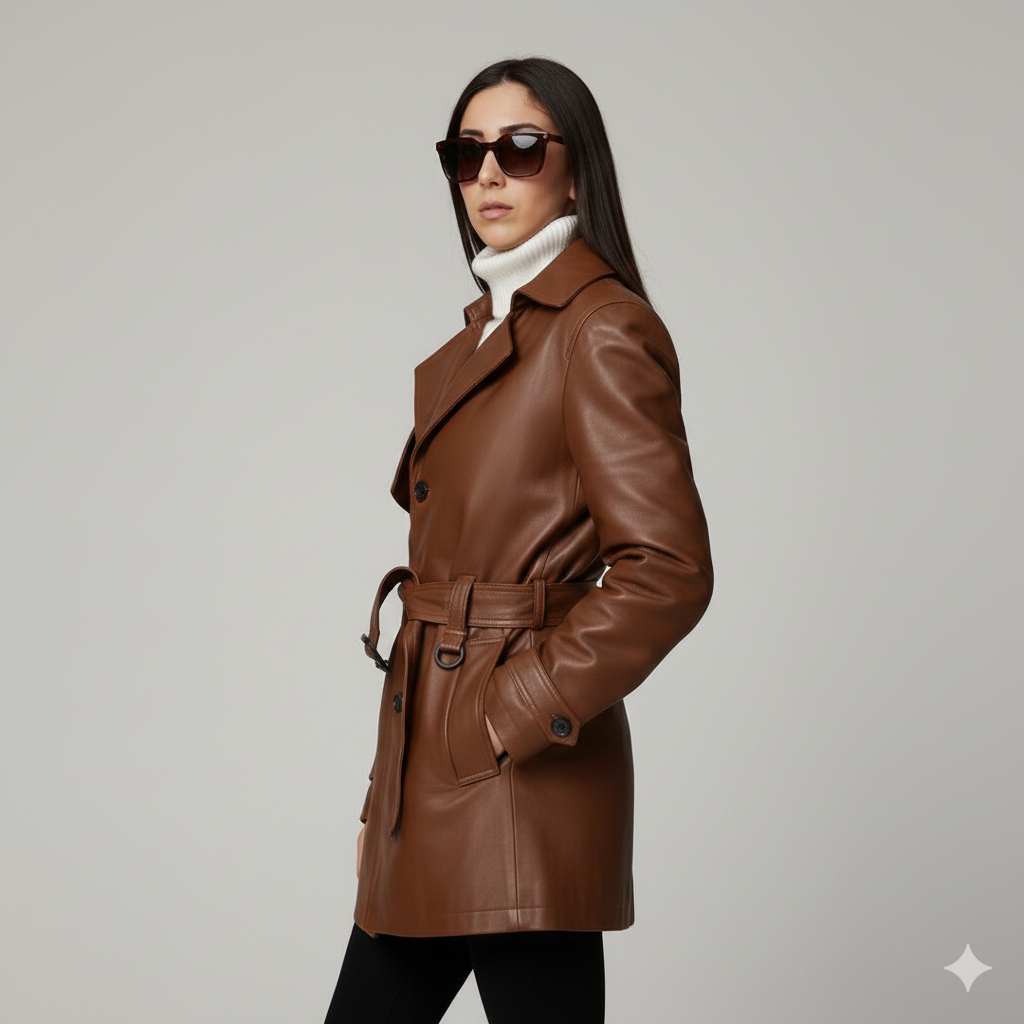 Model wearing a stylish belted brown leather coat over a white sweater with dark sunglasses.