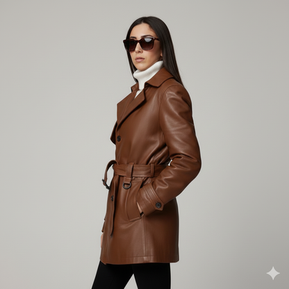 Model wearing a stylish belted brown leather coat over a white sweater with dark sunglasses.