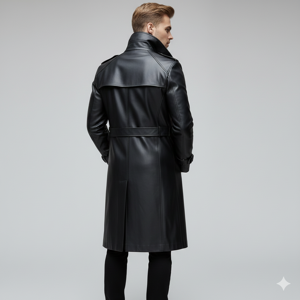 Close-up of the metallic chest zipper and adjustable buckled cuffs on a premium men's black leather coat.