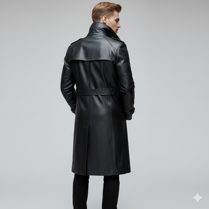 Close-up of the metallic chest zipper and adjustable buckled cuffs on a premium men's black leather coat.