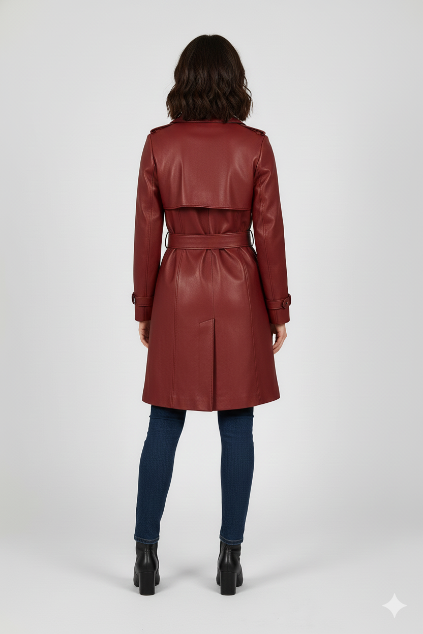 Close-up of the tonal burgundy buttons and smooth leather texture on a premium women's midi trench coat.