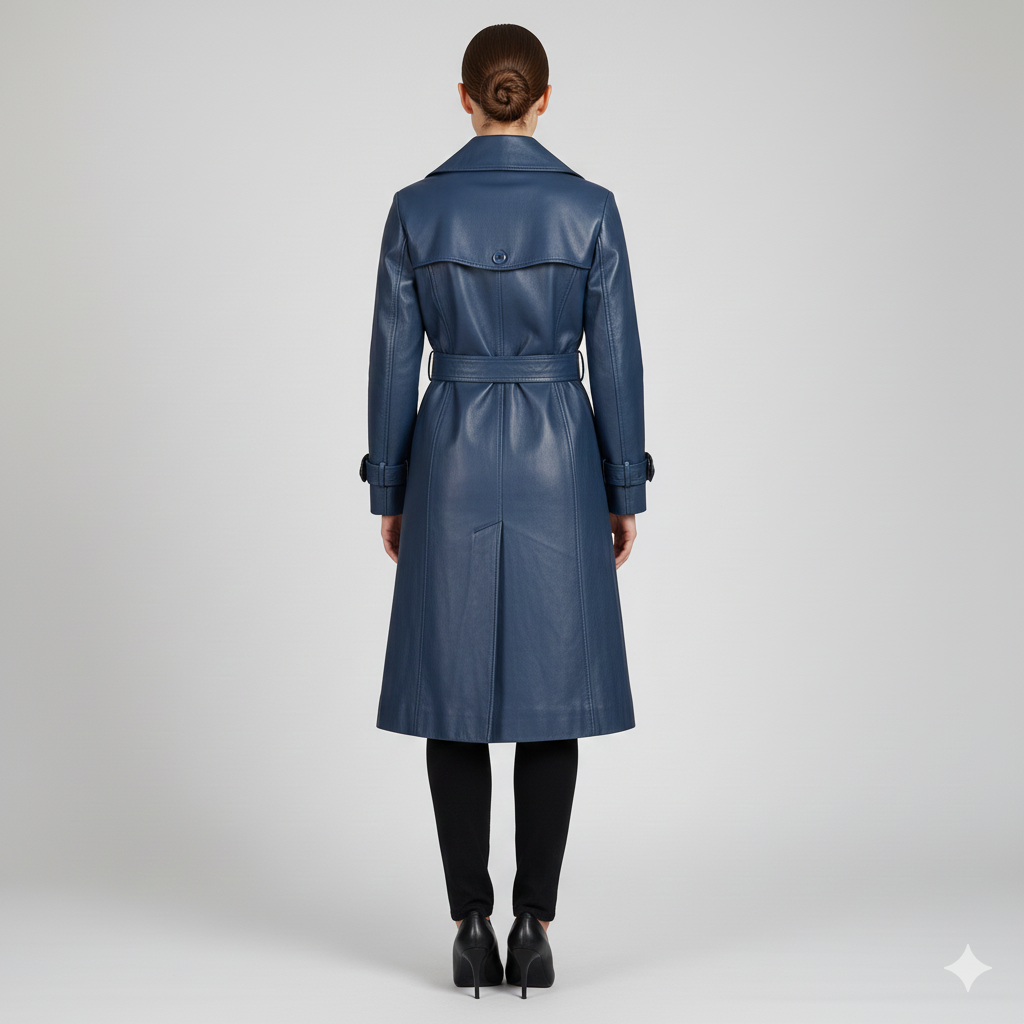 Close-up of the smooth matte navy finish and tonal button details on a premium women's trench jacket.