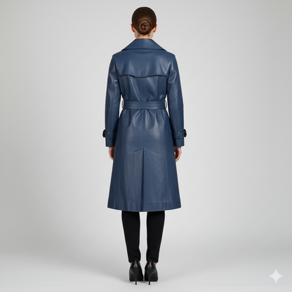 Close-up of the smooth matte navy finish and tonal button details on a premium women's trench jacket.