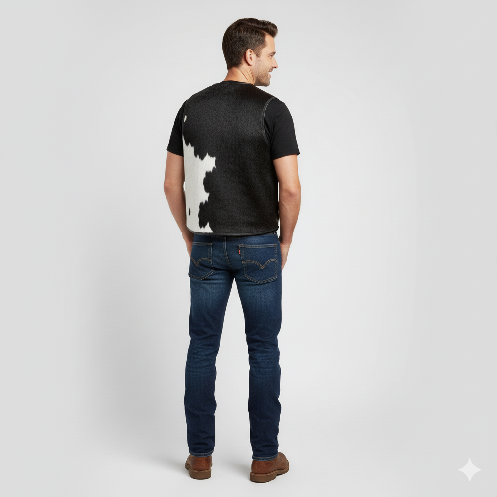 Close-up of the black leather texture and tie-up adjustable side lacing on a men's vest.