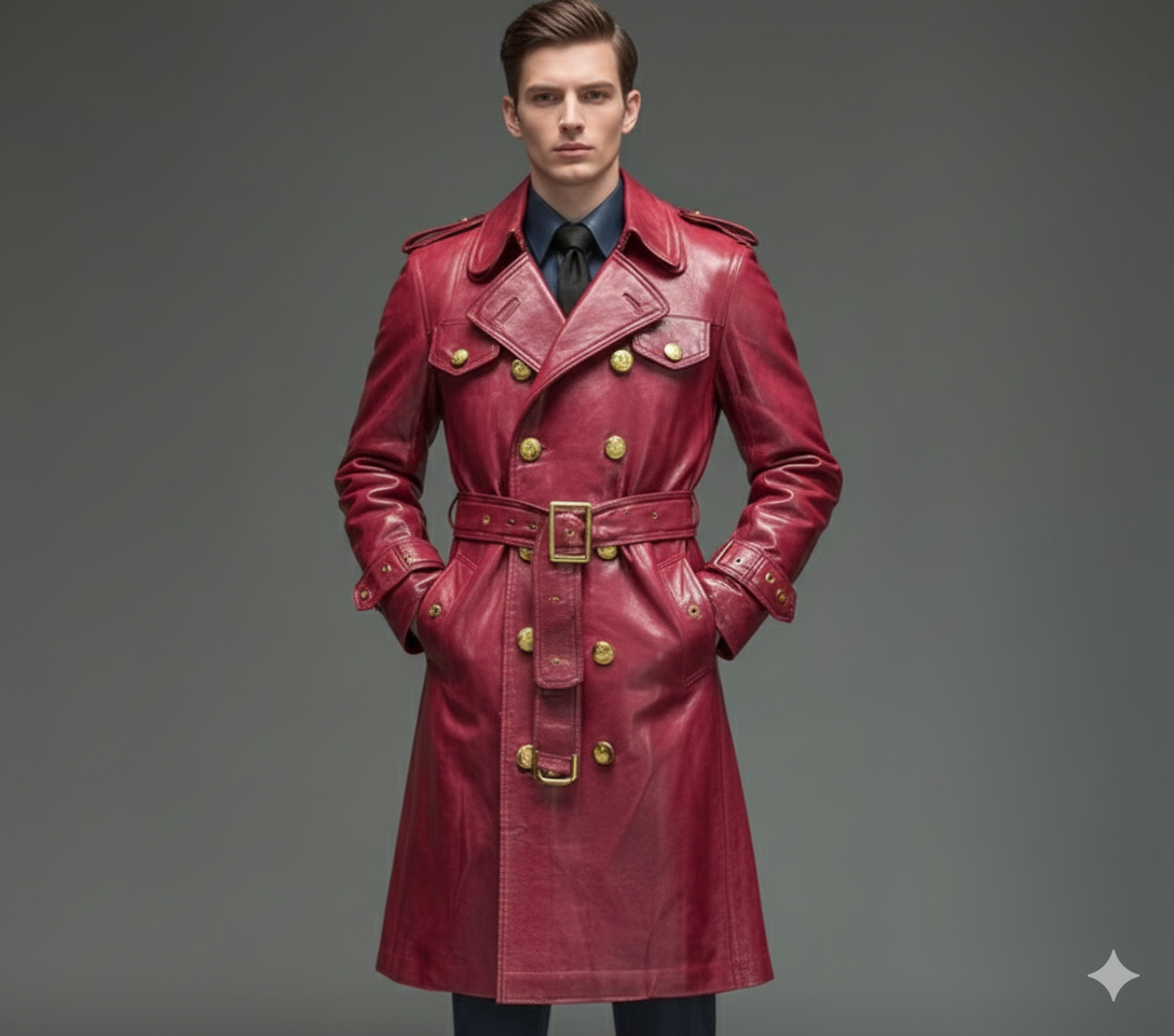 Men's crimson red leather trench coat with gold-toned military buttons and a belted waist.