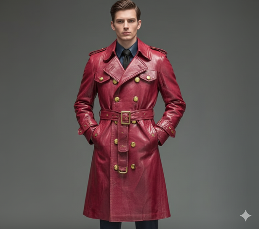 Men's crimson red leather trench coat with gold-toned military buttons and a belted waist.