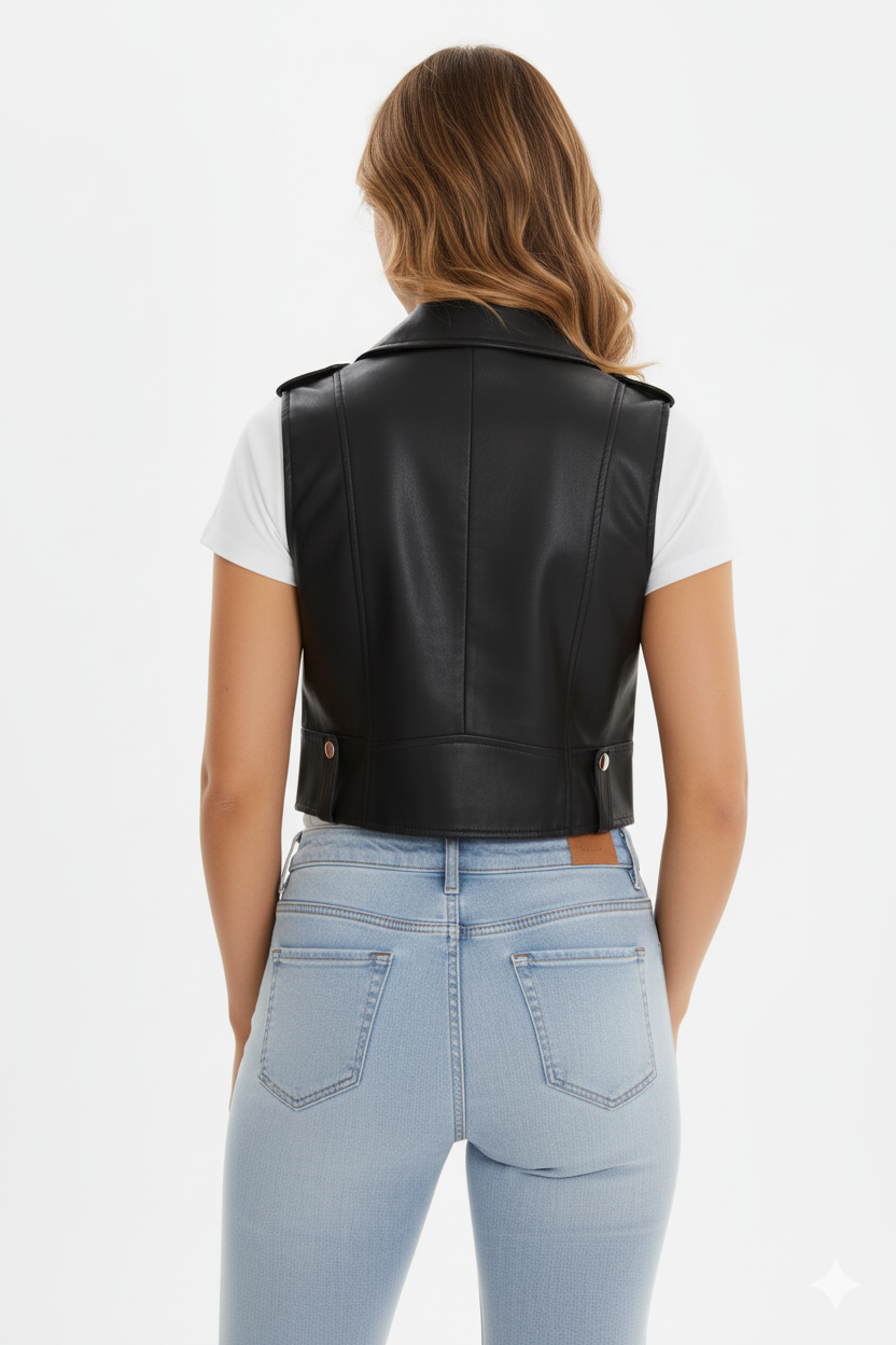 Edgy black cropped vest with classic biker details including a diagonal zipper, snap lapels, and decorative zips.