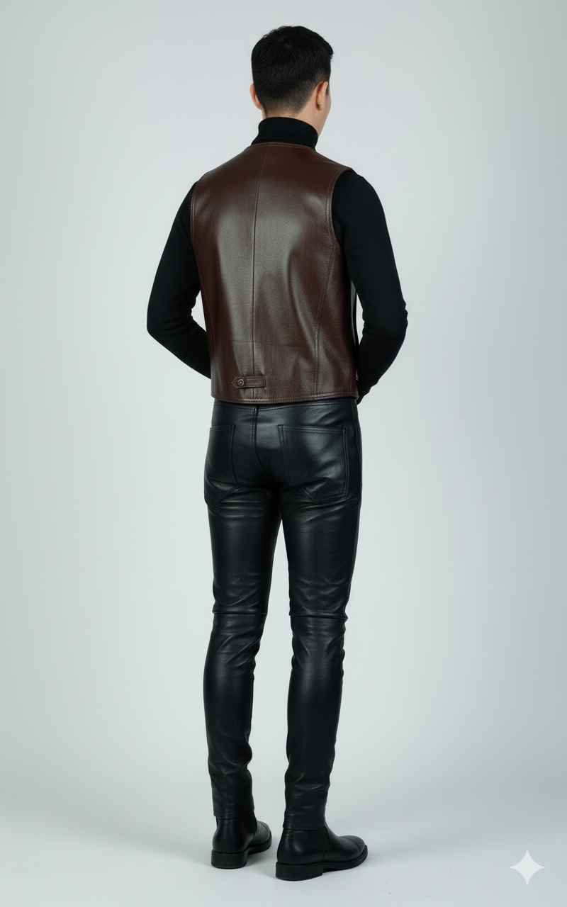 Sleek, tailored dark brown leather vest featuring a pointed hem and contrasting buttons.