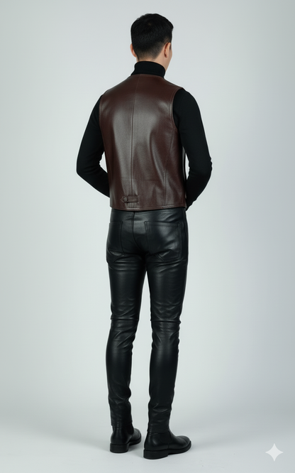 Sleek, tailored dark brown leather vest featuring a pointed hem and contrasting buttons.