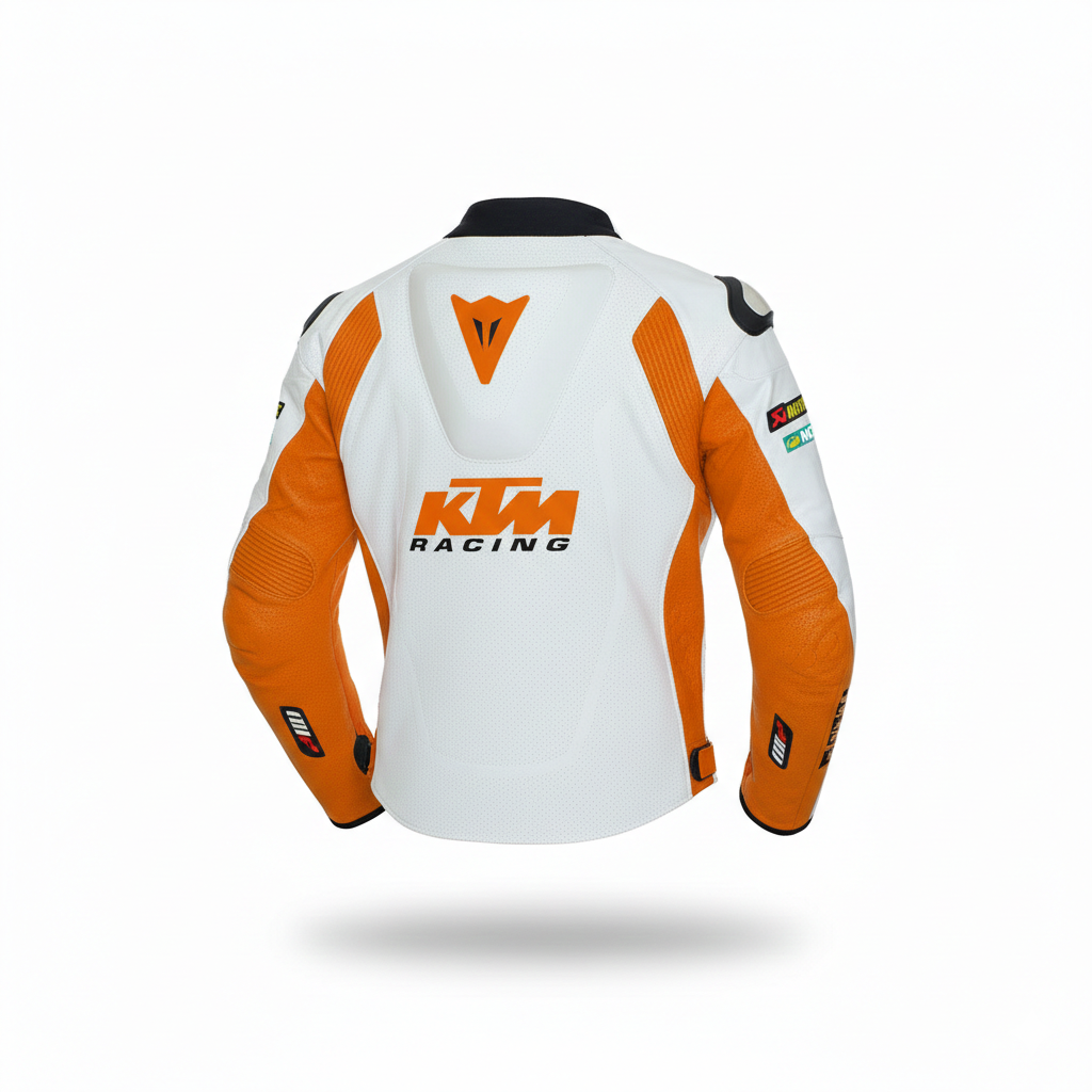 Detailed view of the KTM Racing chest branding, external shoulder sliders, and technical perforated leather on a professional racing jacket.