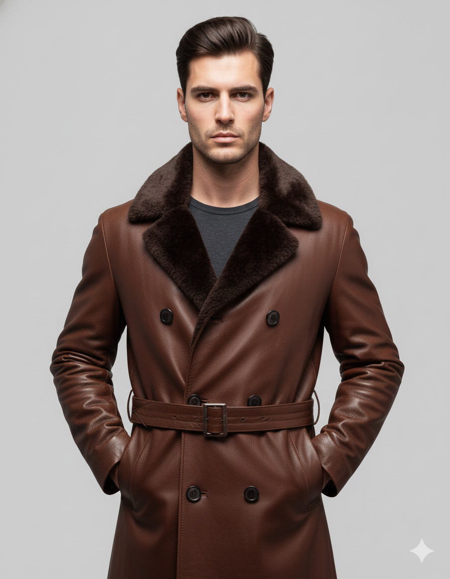 Midi-length brown leather winter overcoat for men featuring a plush fur trim and belted waist.