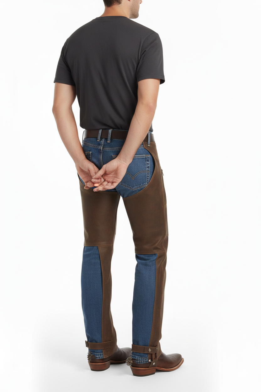 Male model wearing brown suede protective fringe chaps over blue jeans with a large western belt buckle.