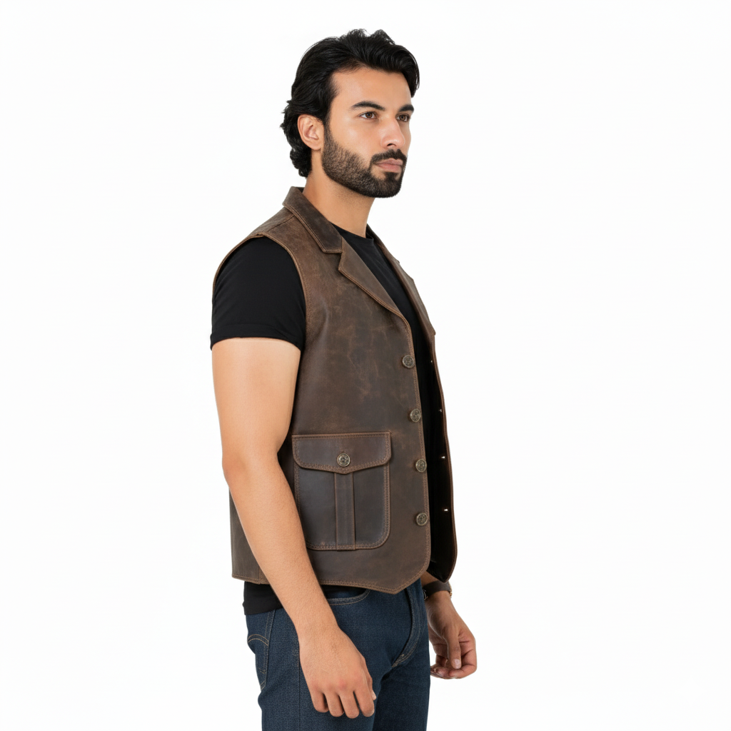Men's distressed brown leather field vest with a classic shirt collar and four large buttoned flap pockets on the front.
