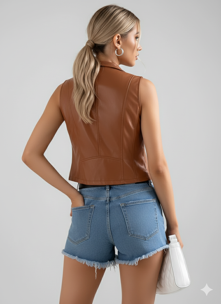 Vibrant cognac sleeveless biker top with wide lapels and a cropped, fitted silhouette.