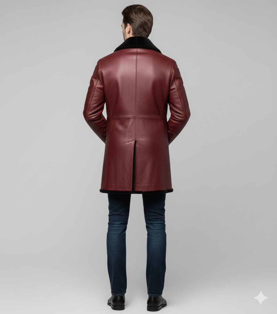 Close-up of the smooth burgundy leather finish and high-contrast black fur lapels on a premium men's winter coat.