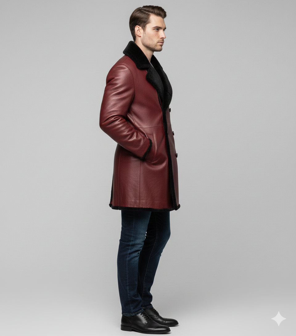 Male model wearing a luxury burgundy leather shearling coat.