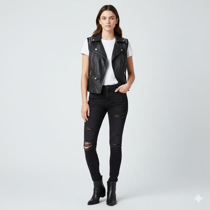 Full-length photo of a woman wearing a studded black leather vest over a white t-shirt and distressed black jeans with black ankle boots.