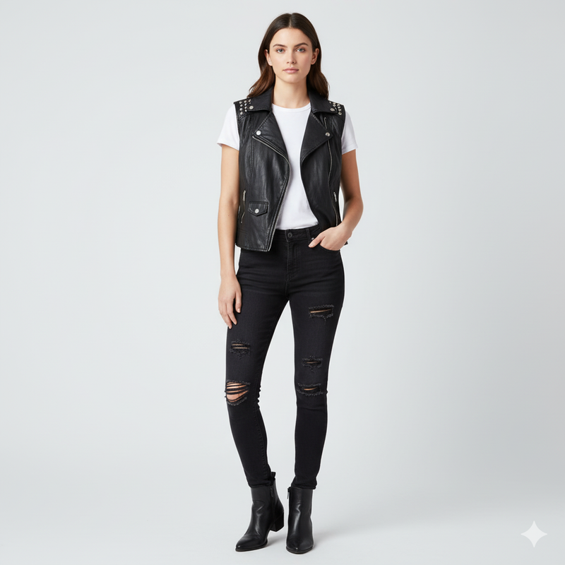 Full-length photo of a woman wearing a studded black leather vest over a white t-shirt and distressed black jeans with black ankle boots.