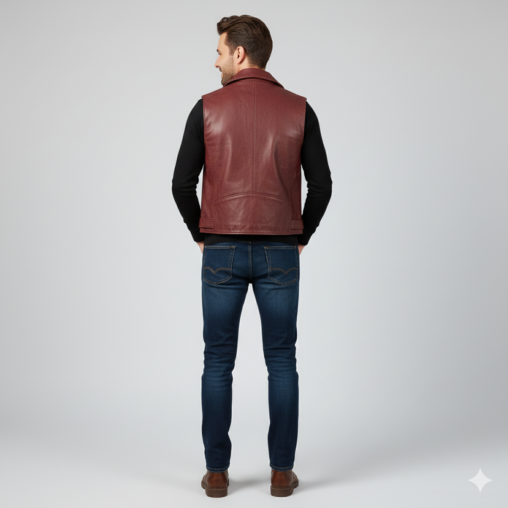 Steampunk or Victorian-inspired leather vest in distressed brown with two vertical rows of antique brass buttons.