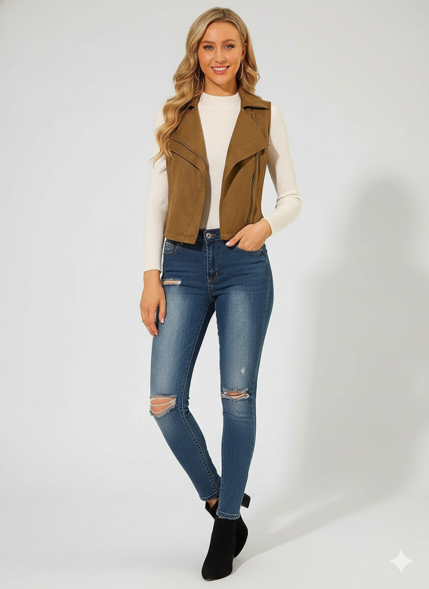 Women's tan brown suede biker vest featuring an asymmetrical front zipper and wide notched lapels.