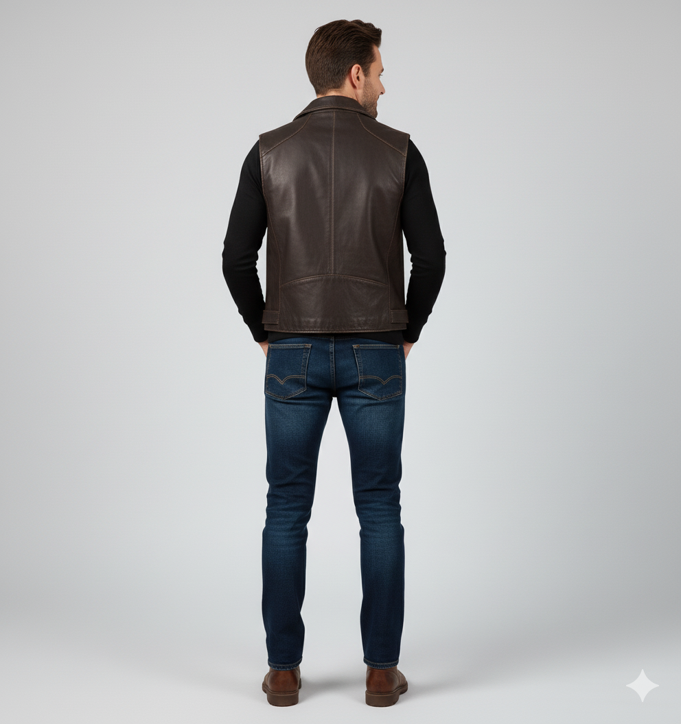 Adventurer or Western-style brown leather waistcoat featuring a unique ammo belt or cartridge pocket detail on the chest.