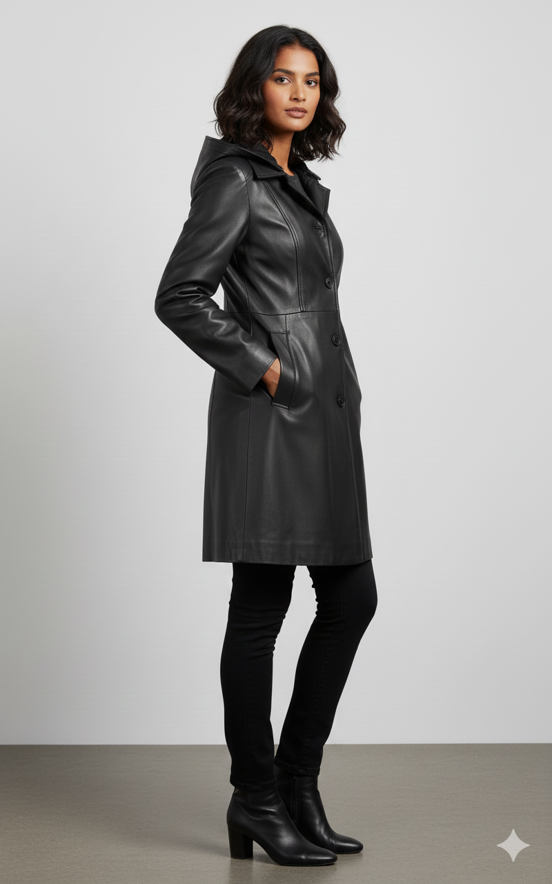 Model wearing a minimalist black hooded leather coat.