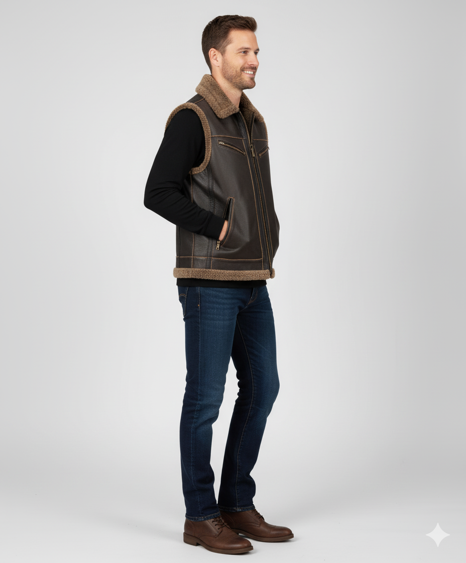 Sleeveless brown bomber jacket style vest with zippered chest pockets and contrasting fleece visible on the collar and hem.