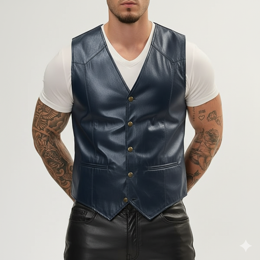 Men's navy blue leather V-neck vest with brass snap button closure and subtle shoulder yoke stitching."
