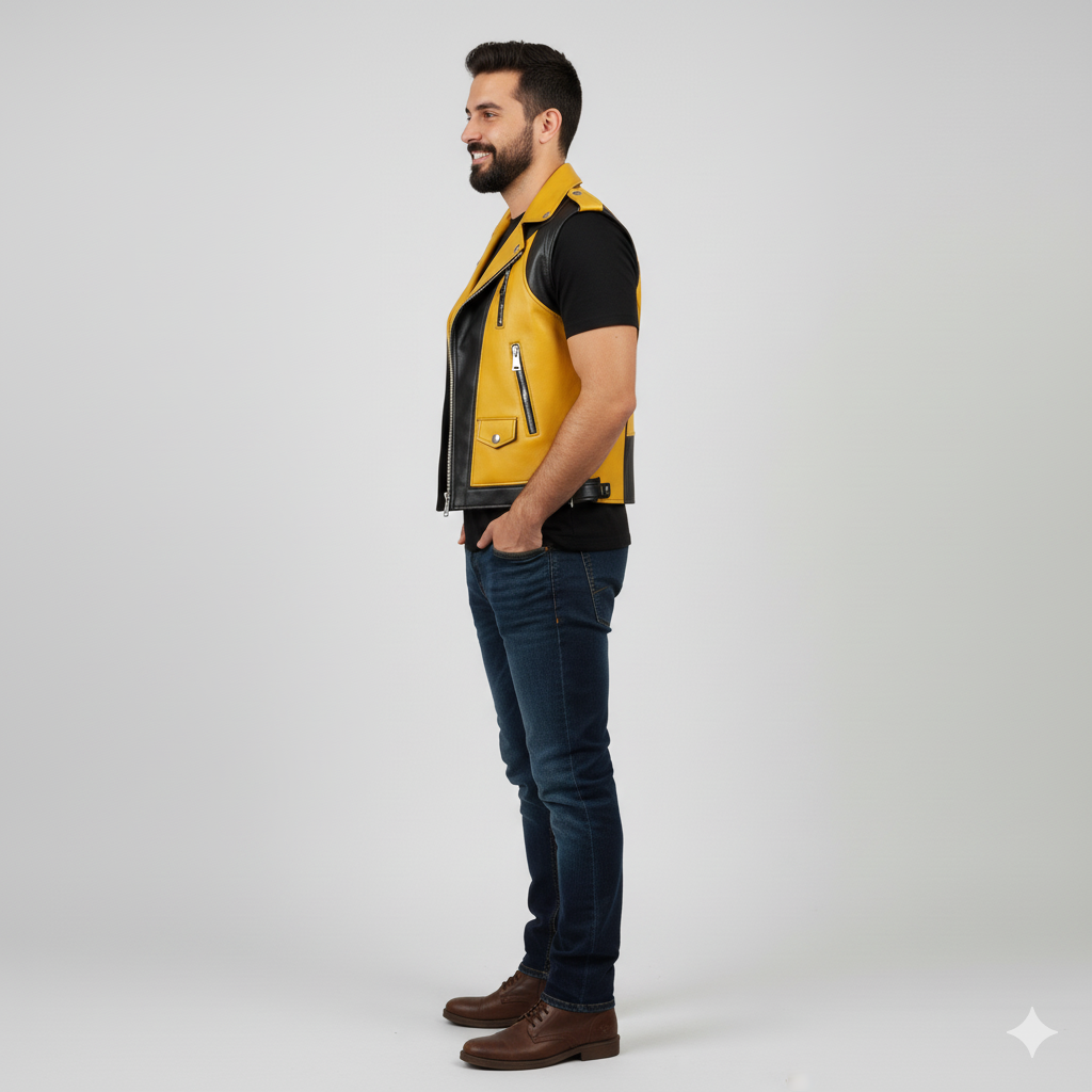 Sleek yellow and black leather vest featuring a classic moto lapel, multiple zippered pockets, and chrome snaps.