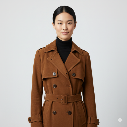 Ankle-length khaki maxi trench coat for women featuring shoulder epaulettes and buckled cuff straps.