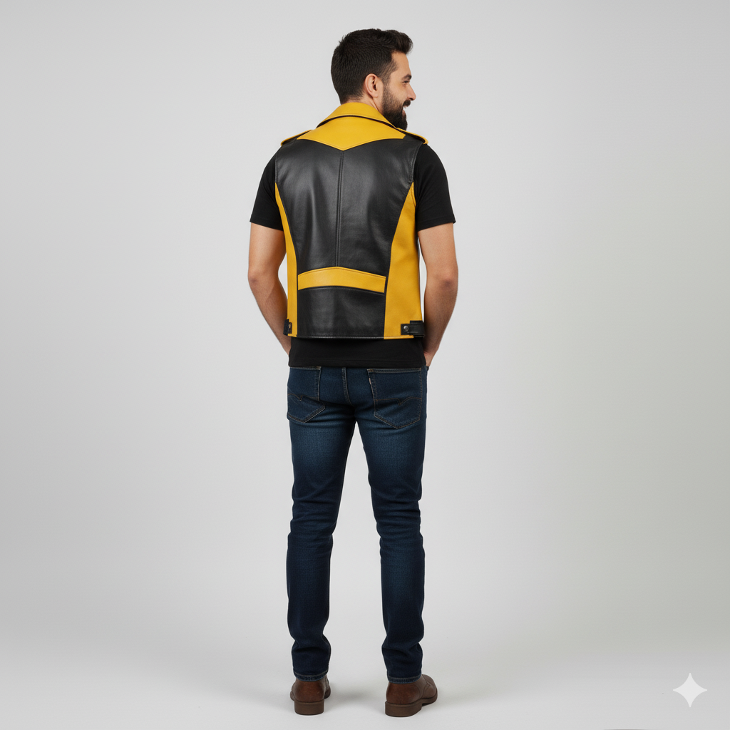 Close-up showing the smooth texture of the yellow and black leather panels and the large asymmetrical zipper.