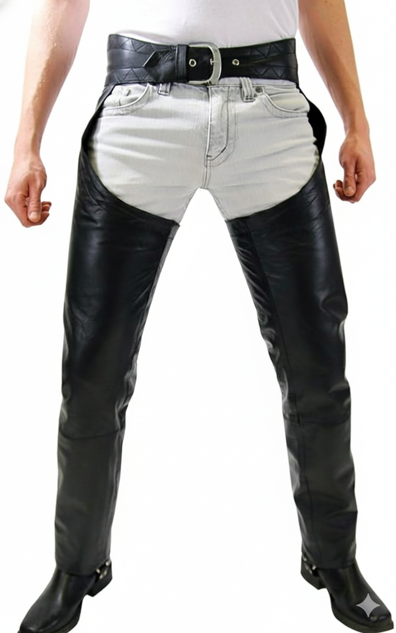 Men's onyx black leather performance chaps with a diamond-quilted yoke and adjustable metallic buckle.