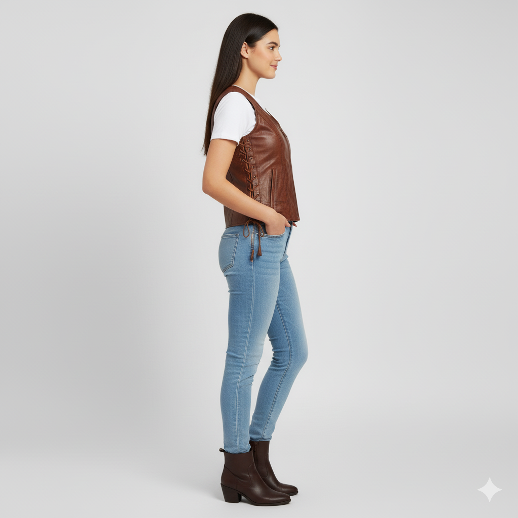 V-neck brown vest featuring a front zipper and subtle adjustable lacing details at the side seams for a personalized fit.