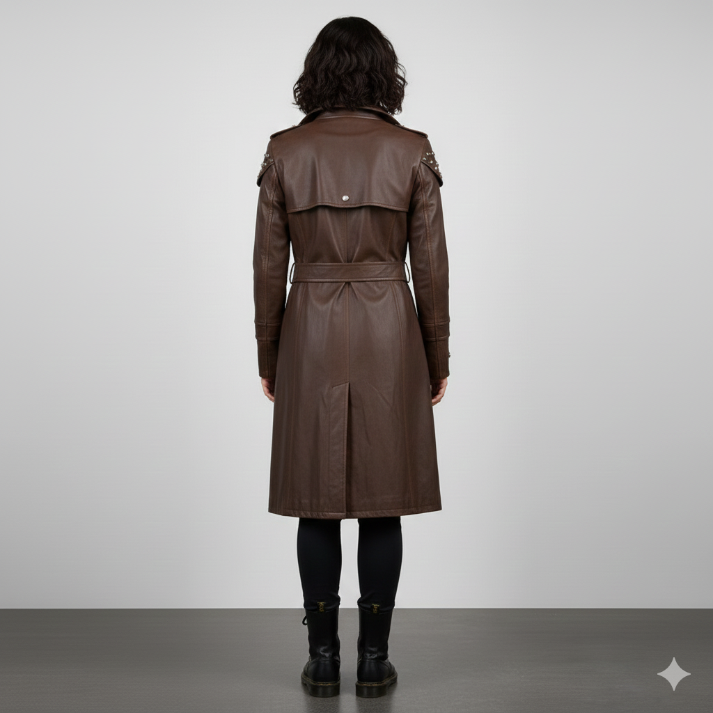 Close-up of the silver-toned shoulder studs and metallic asymmetrical zipper on a premium brown leather coat.