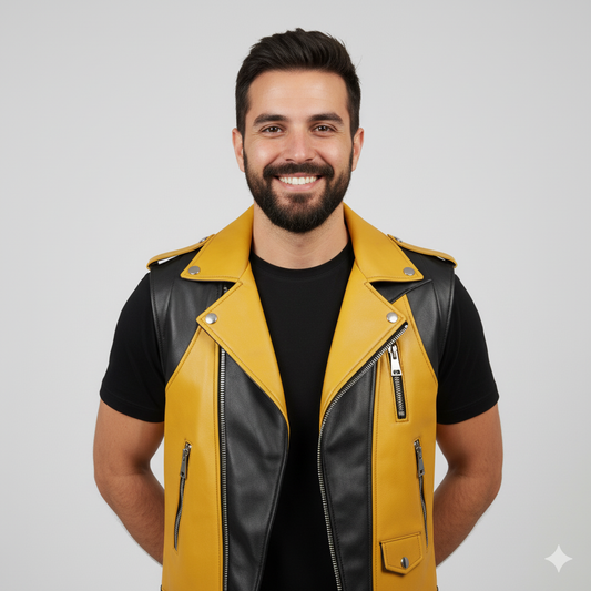 Full-length photo of a man wearing a bright yellow and black leather motorcycle vest over a black t-shirt and blue jeans.